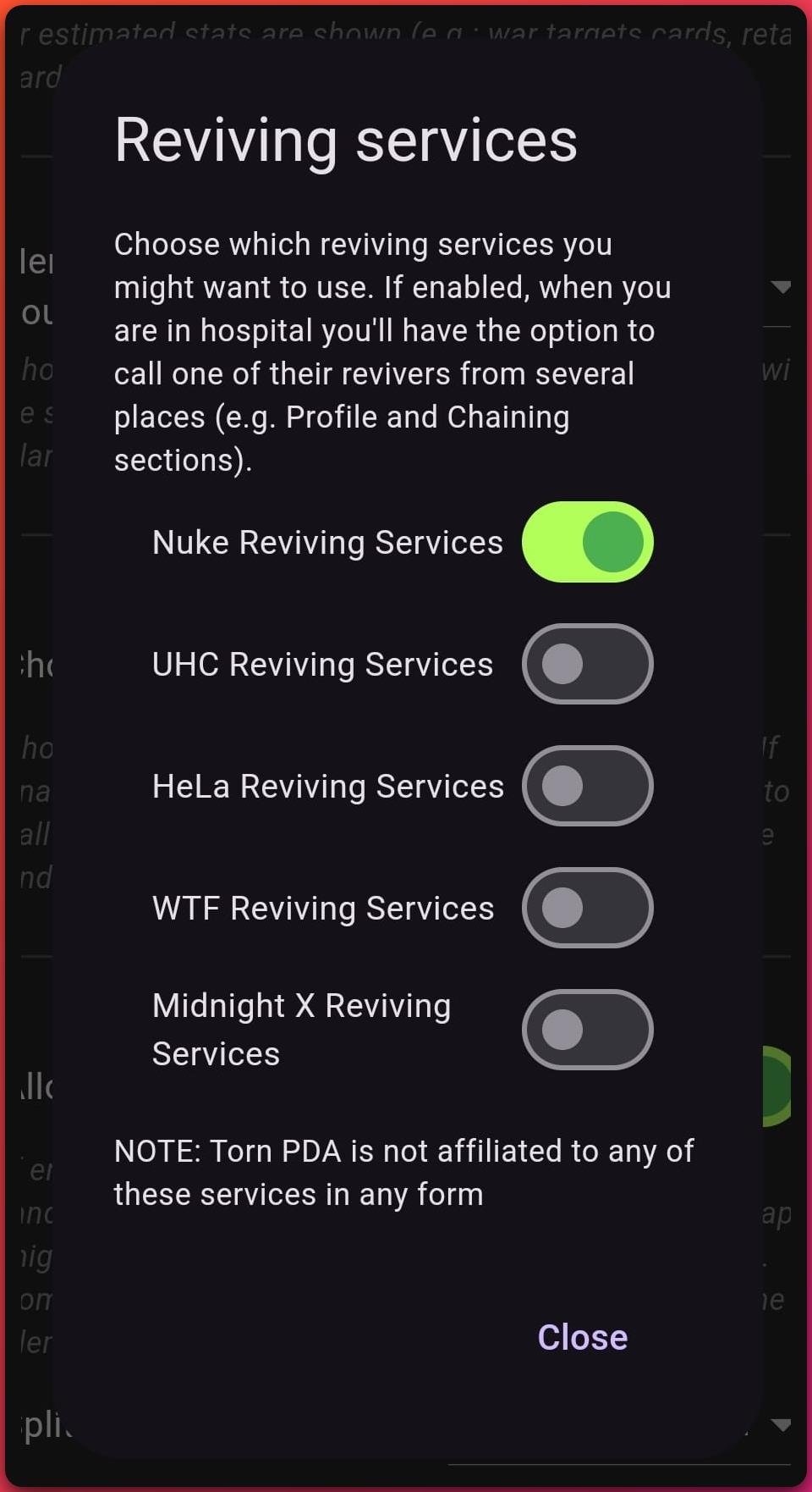 Torn PDA Reviving Services Dropdown